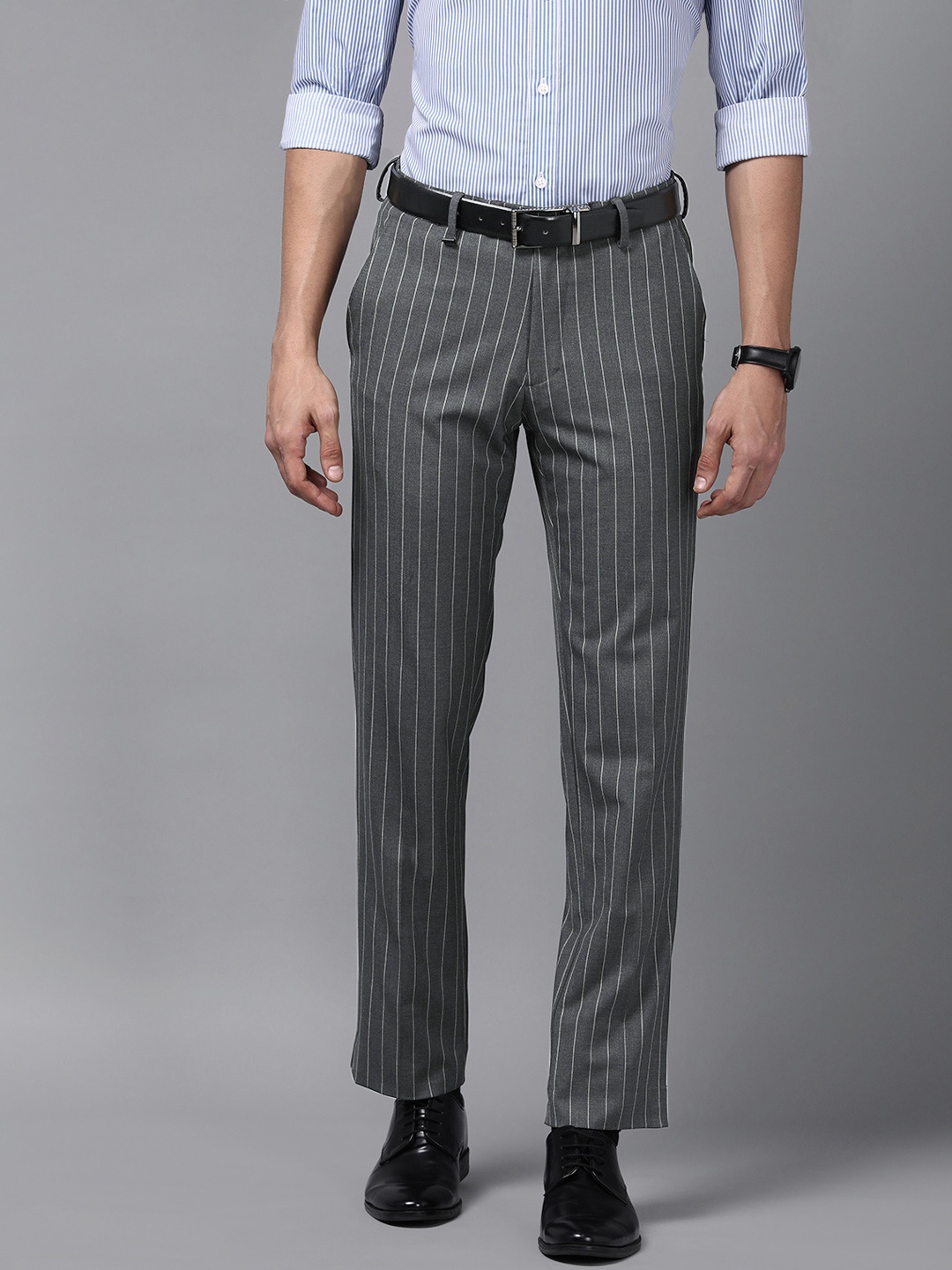 

Van Heusen Men Grey & White Striped Slim Fit Trousers