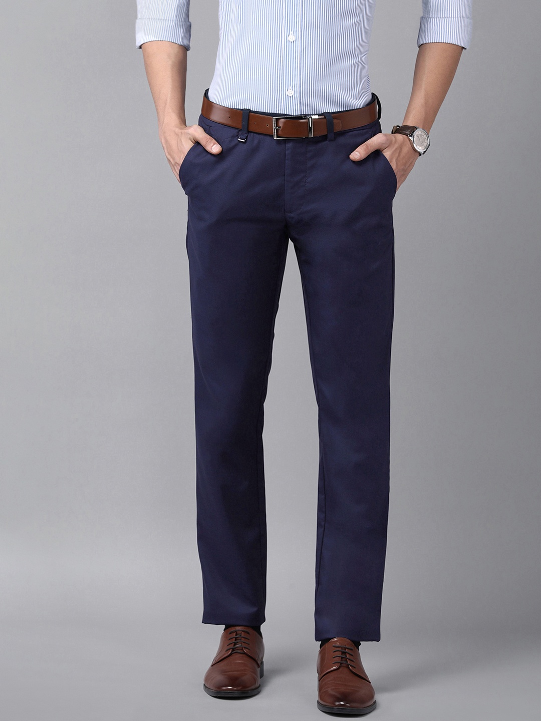

Van Heusen Men Navy Blue Solid Slim Fit Formal Trousers