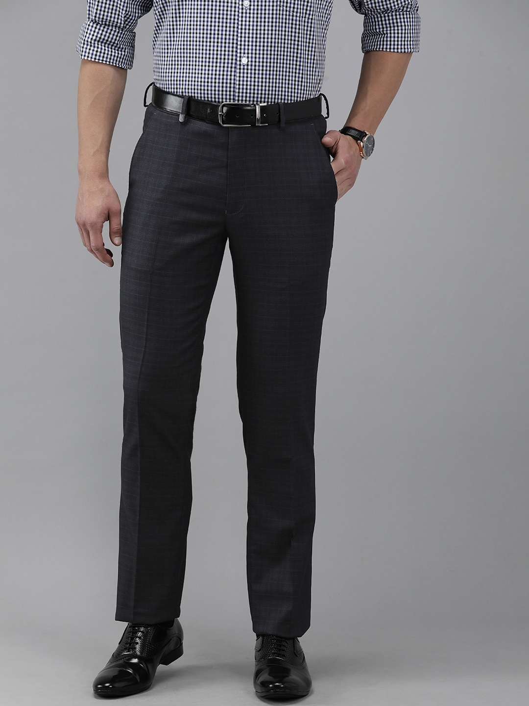 

Van Heusen Men Navy Blue Checkes Slim Fit Wrinkle Free Trousers