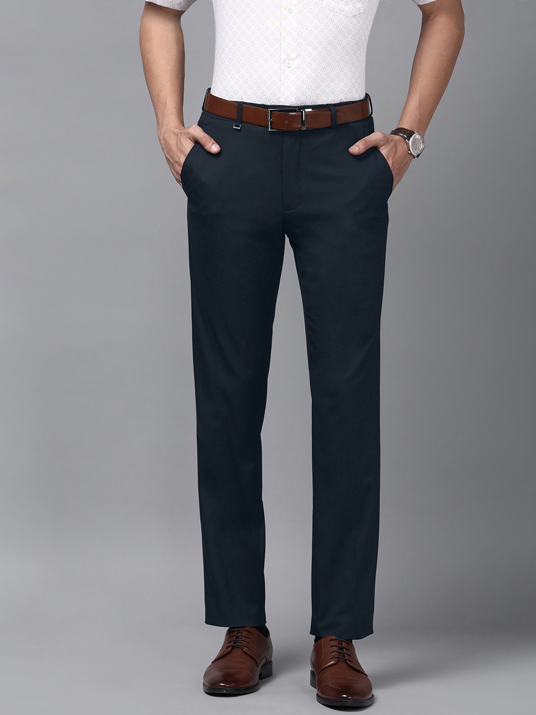 

Van Heusen Men Navy Blue Solid Slim Fit Trousers