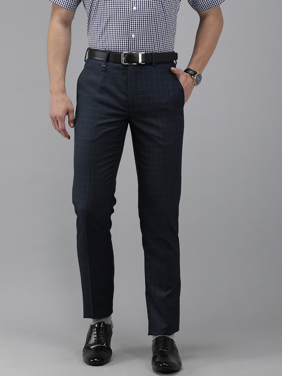 

Van Heusen Men Navy Blue Checked Slim Fit Trousers