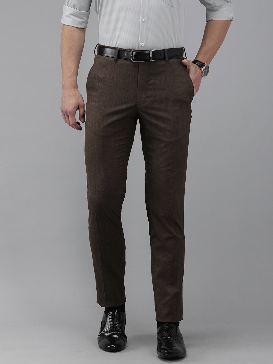 

Van Heusen Men Chocolate Solid Slim Fit Formal Trousers, Brown