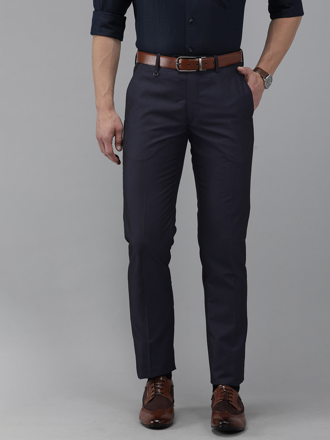 

Van Heusen Men Navy Blue Solid Slim Fit Formal Trousers