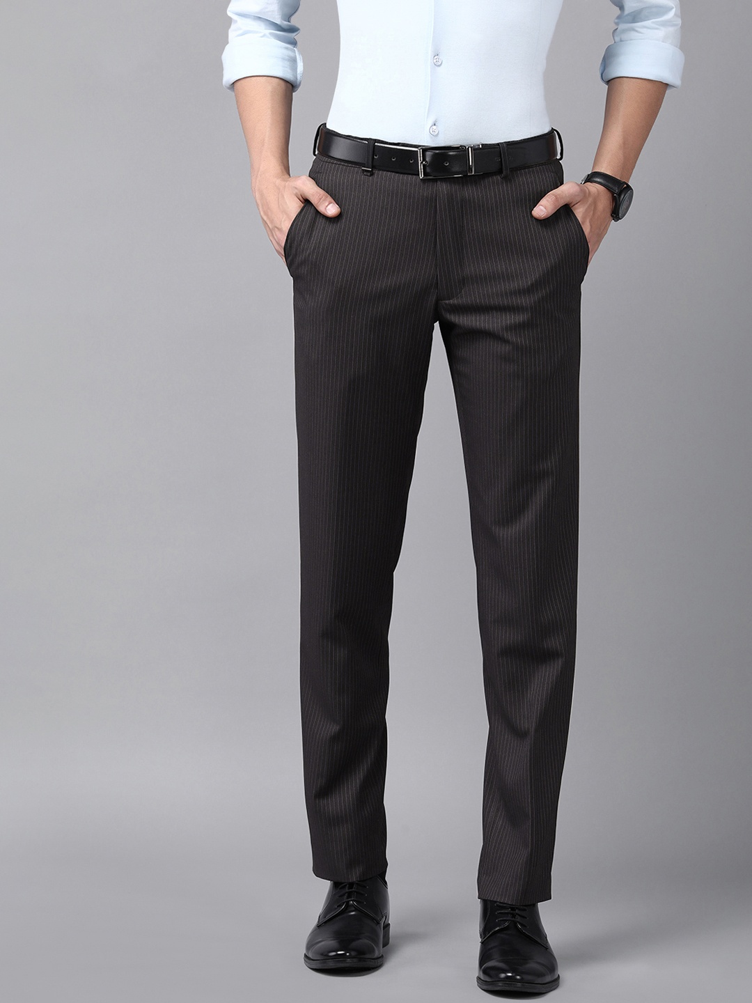 

Van Heusen Men Charcoal Grey & Black Striped Slim Fit Formal Trousers