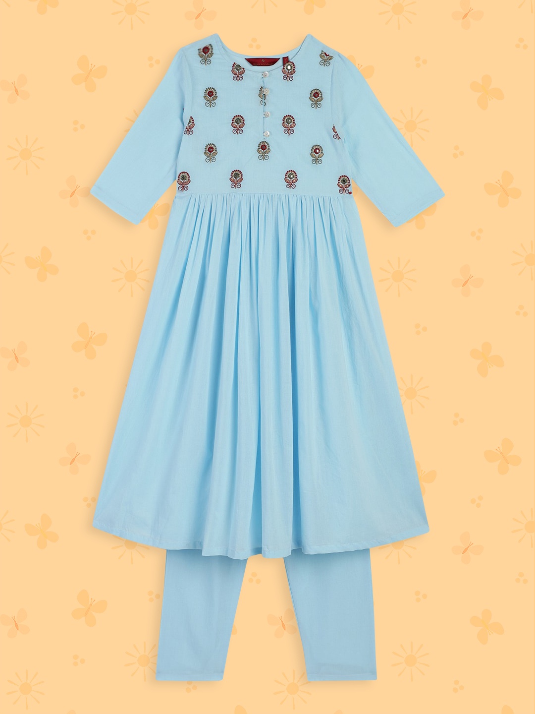 

House of Pataudi Girls Blue Floral Embroidered Empire Mirror Work Pure Cotton Kurta with Salwar