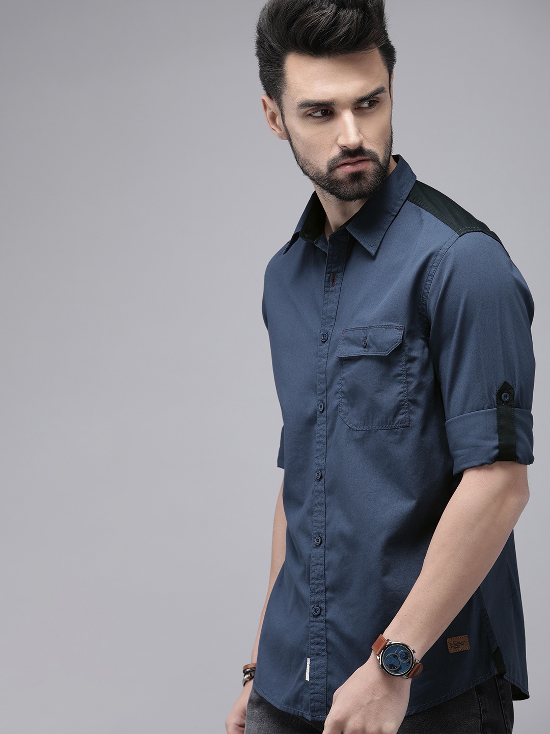 

Roadster Men Blue & Black Colourblocked Casual Shirt