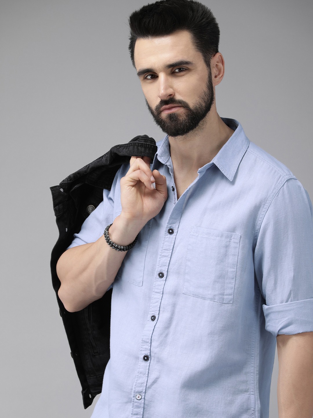 

The Roadster Lifestyle Co. Men Blue Solid Linen Cotton Roll-Up Sleeves Casual Shirt