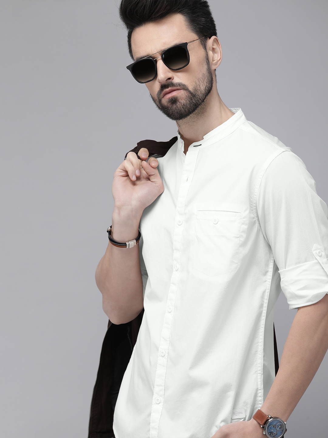 

Roadster Men White Solid Mandarin Collar Casual Shirt