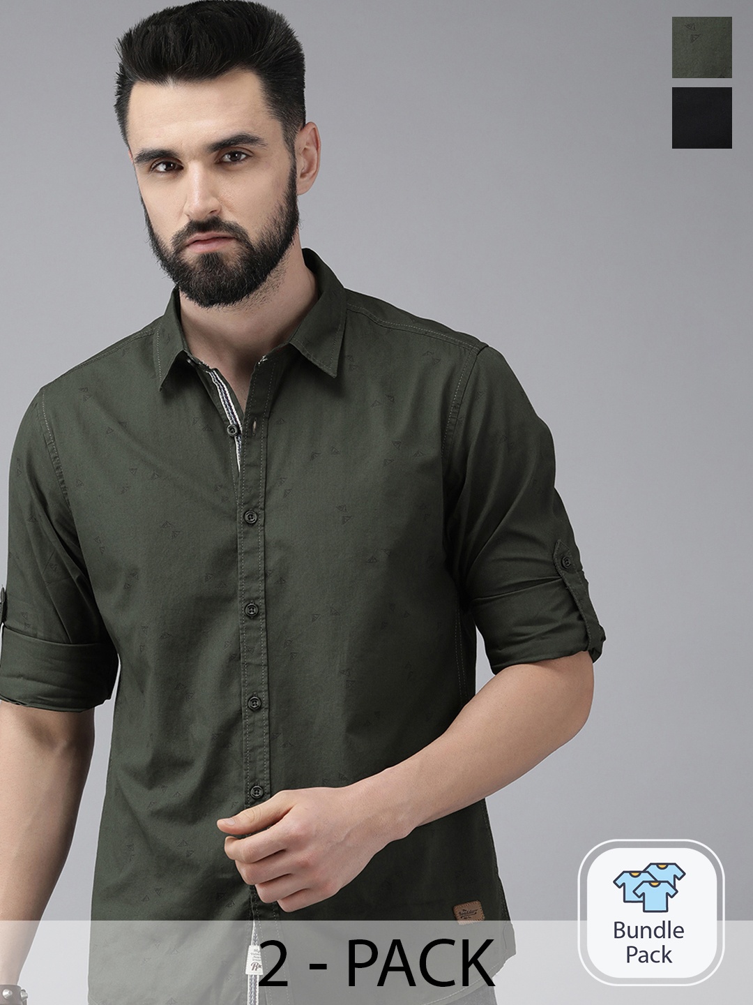 

The Roadster Lifestyle Co Men Pack of 2 Pure Cotton Casual Shirts, Olive