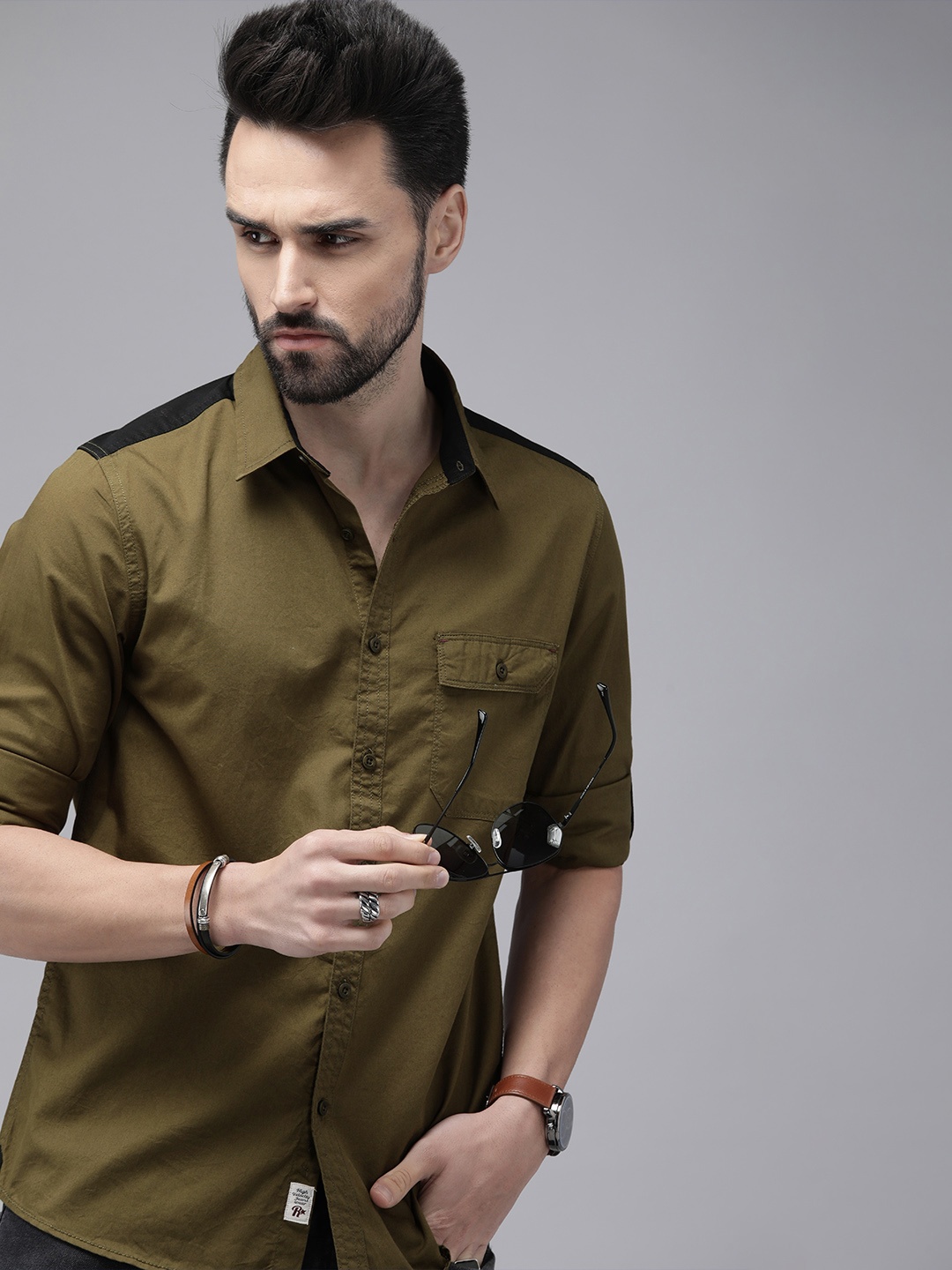 

Roadster Men Olive Green & Black Colourblocked Casual Shirt