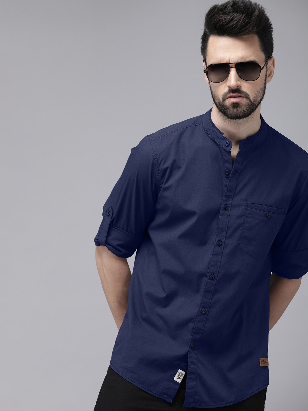 

Roadster Men Navy Blue Solid Mandarin Collar Sustainable Casual Shirt