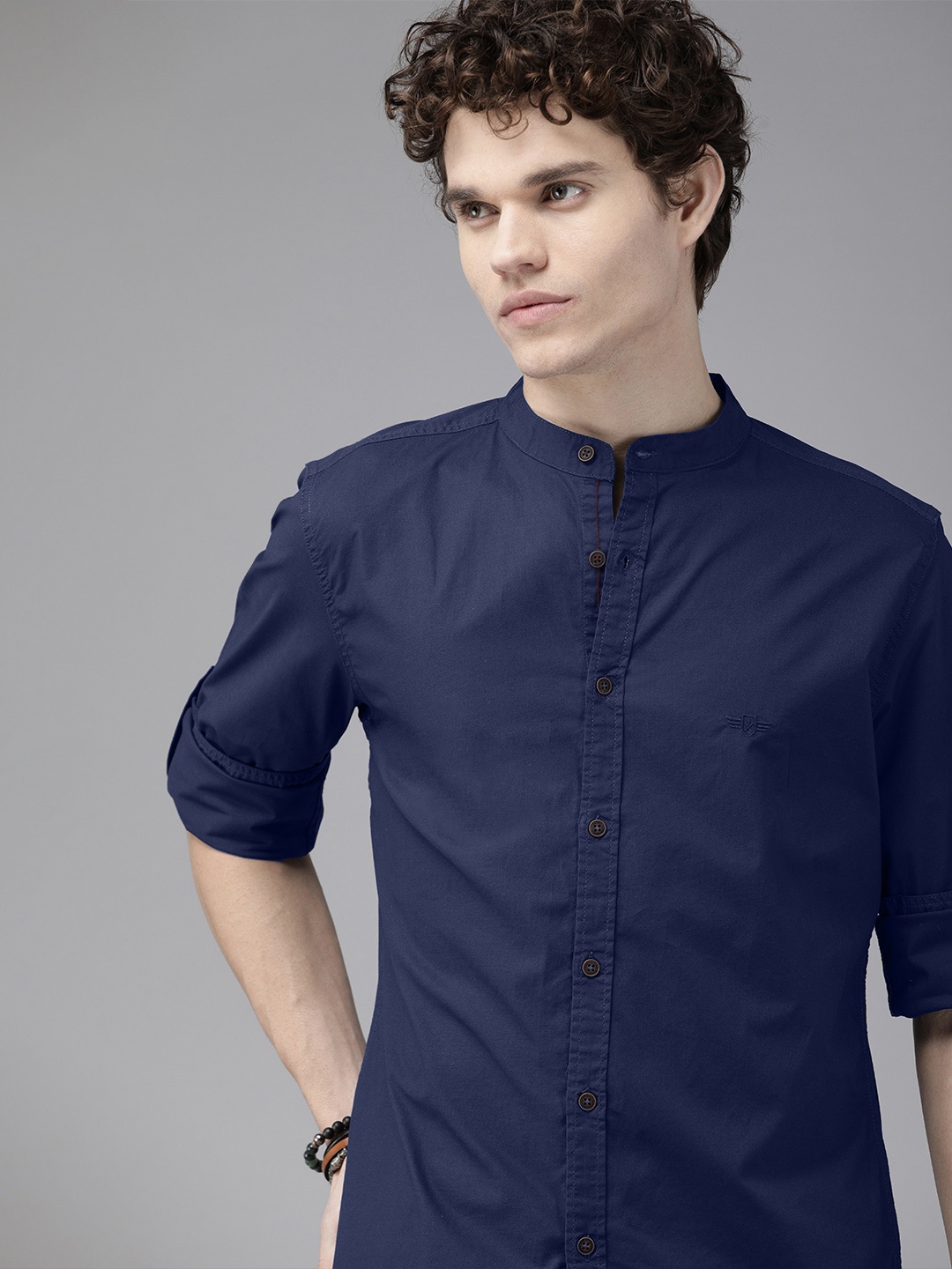 

The Roadster Lifestyle Co. Men Navy Blue Solid Mandarian Collar Casual Shirt