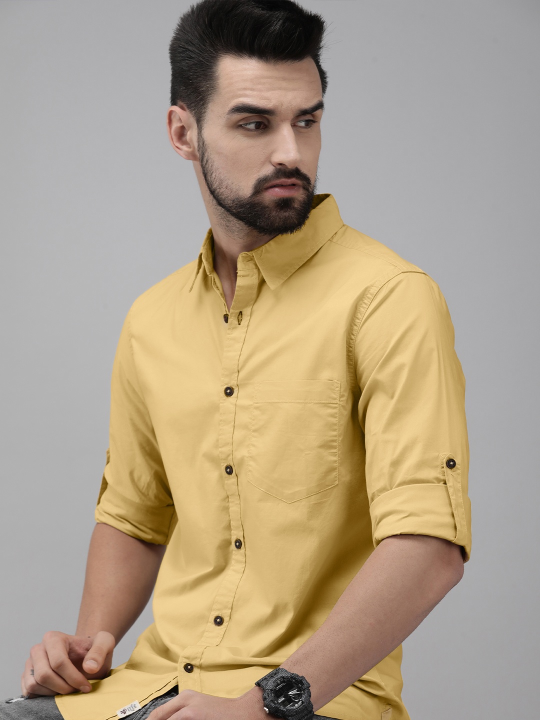 

Roadster Men Mustard Yellow Solid Roll-Up Sleeve Casual Shirt