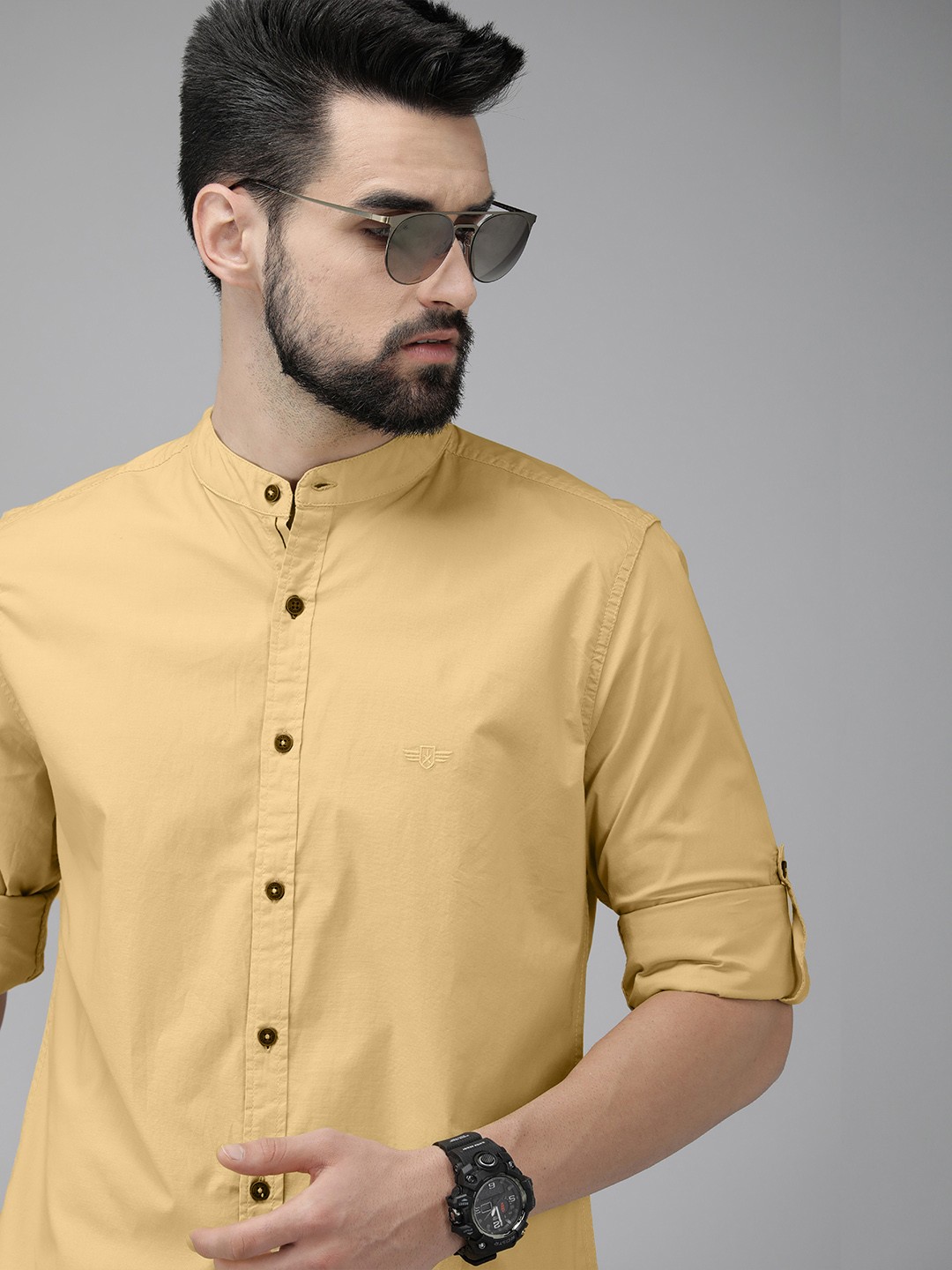 

The Roadster Lifestyle Co. Men Yellow Solid Mandarin Collar Casual Shirt