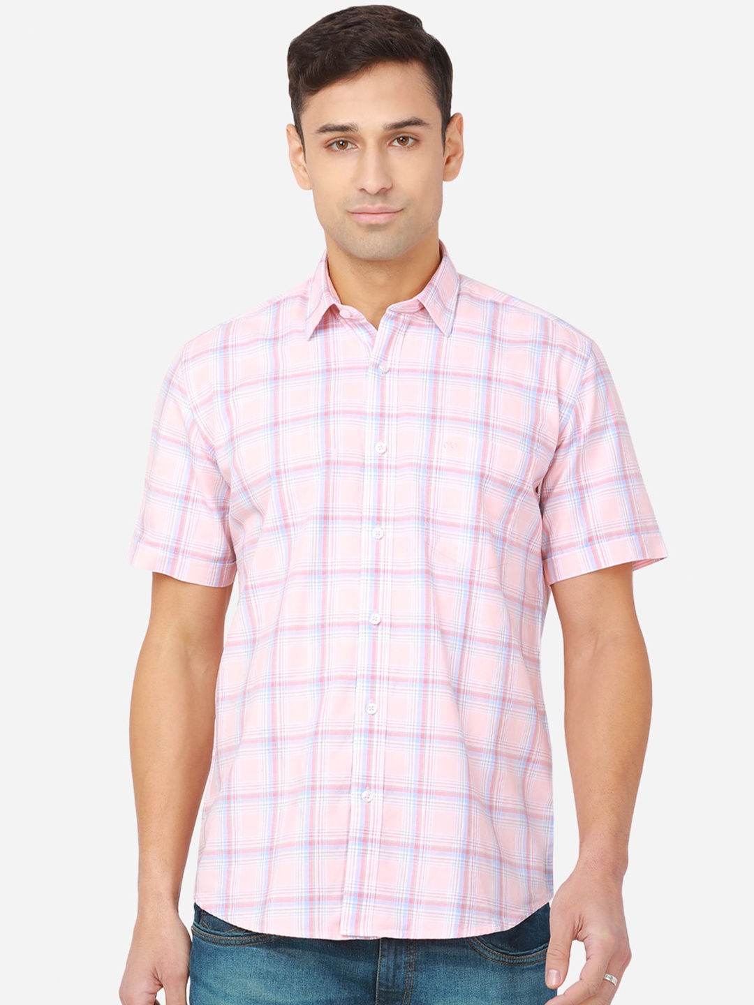 

JADE BLUE Men Pink Slim Fit Windowpane Checks Pure Cotton Regular Fit Checked Casual Shirt