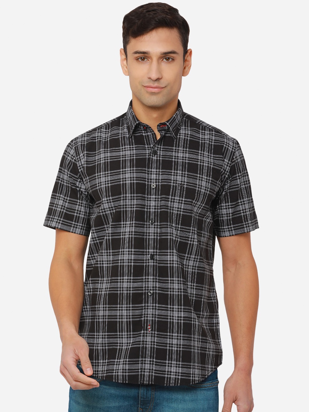 

JADE BLUE Men Black Slim Fit Tartan Checks Checked Cotton Casual Shirt