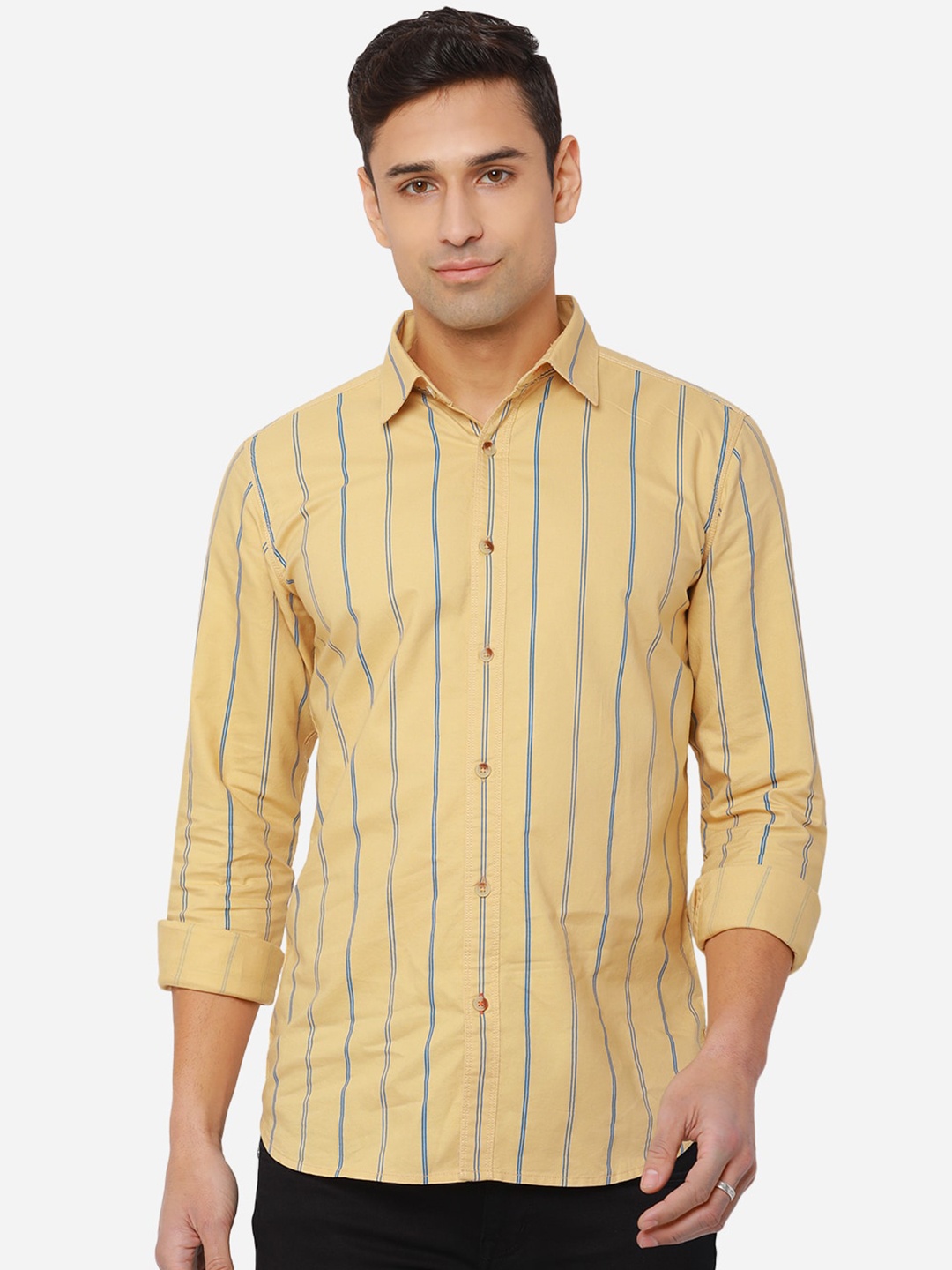 

JADE BLUE Men Beige Slim Fit Striped Cotton Casual Shirt