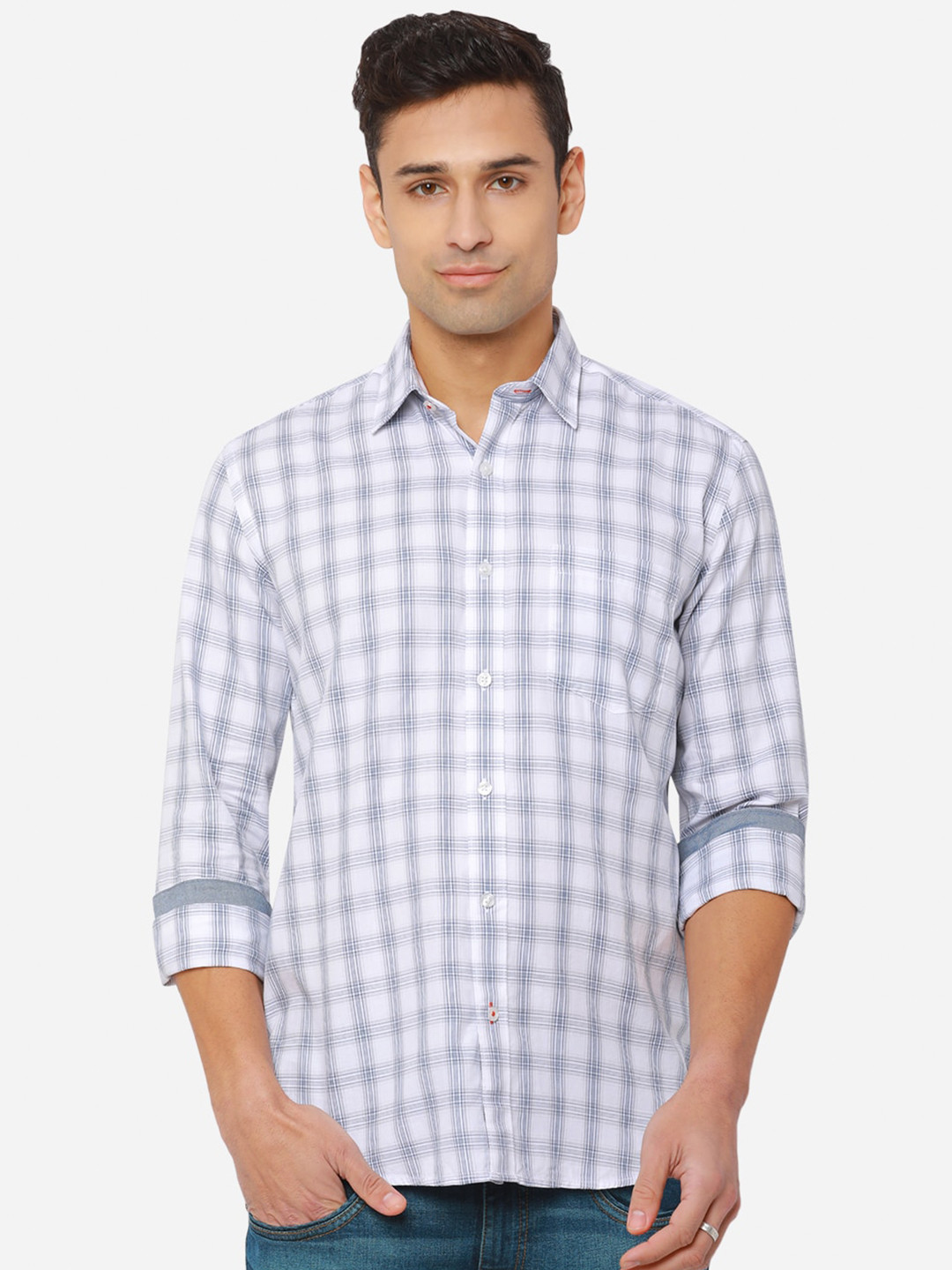 

JADE BLUE Men White Slim Fit Checked Pure Cotton Casual Shirt