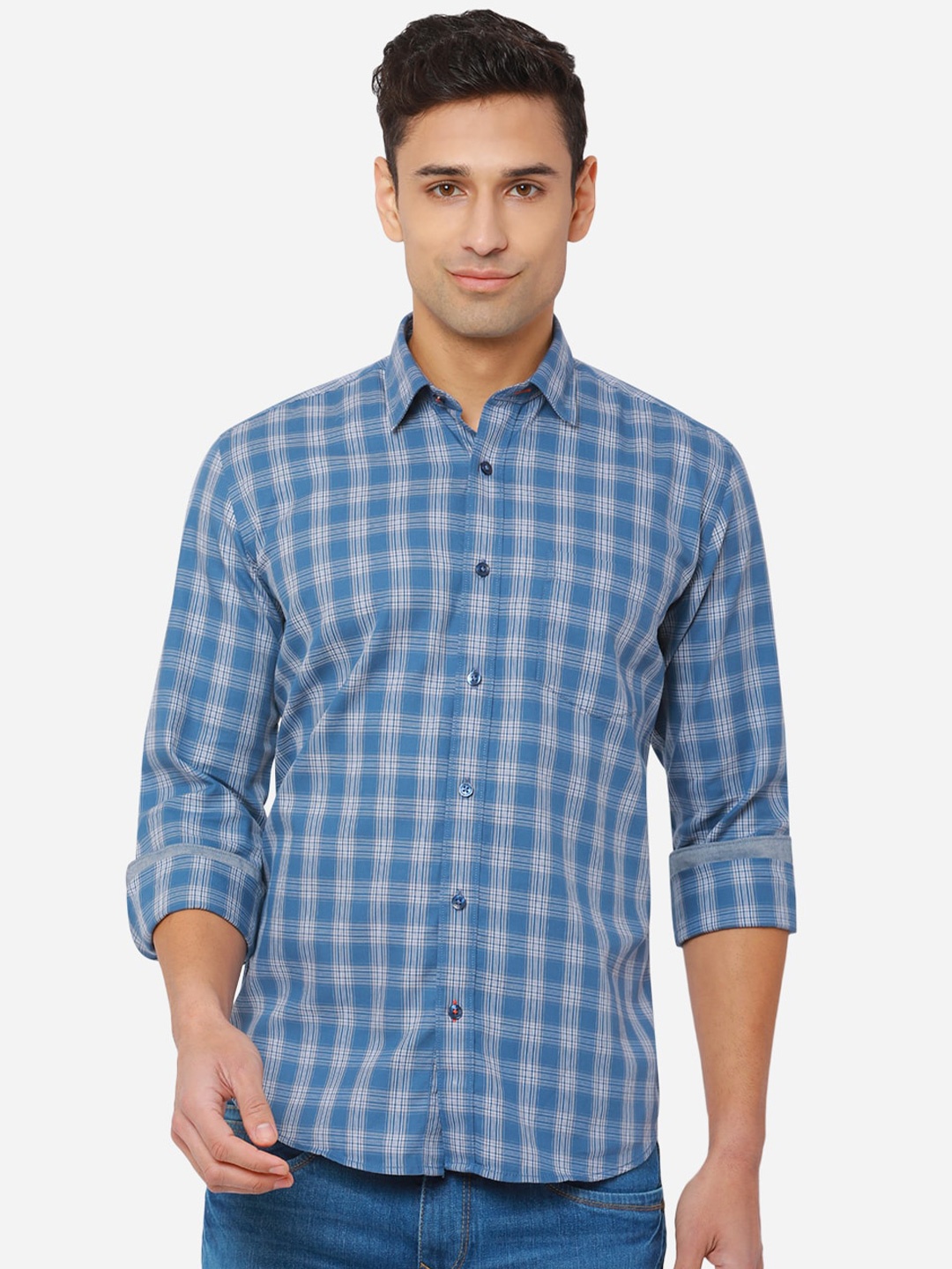 

JADE BLUE Men Blue Slim Fit Checked Pure Cotton Casual Shirt