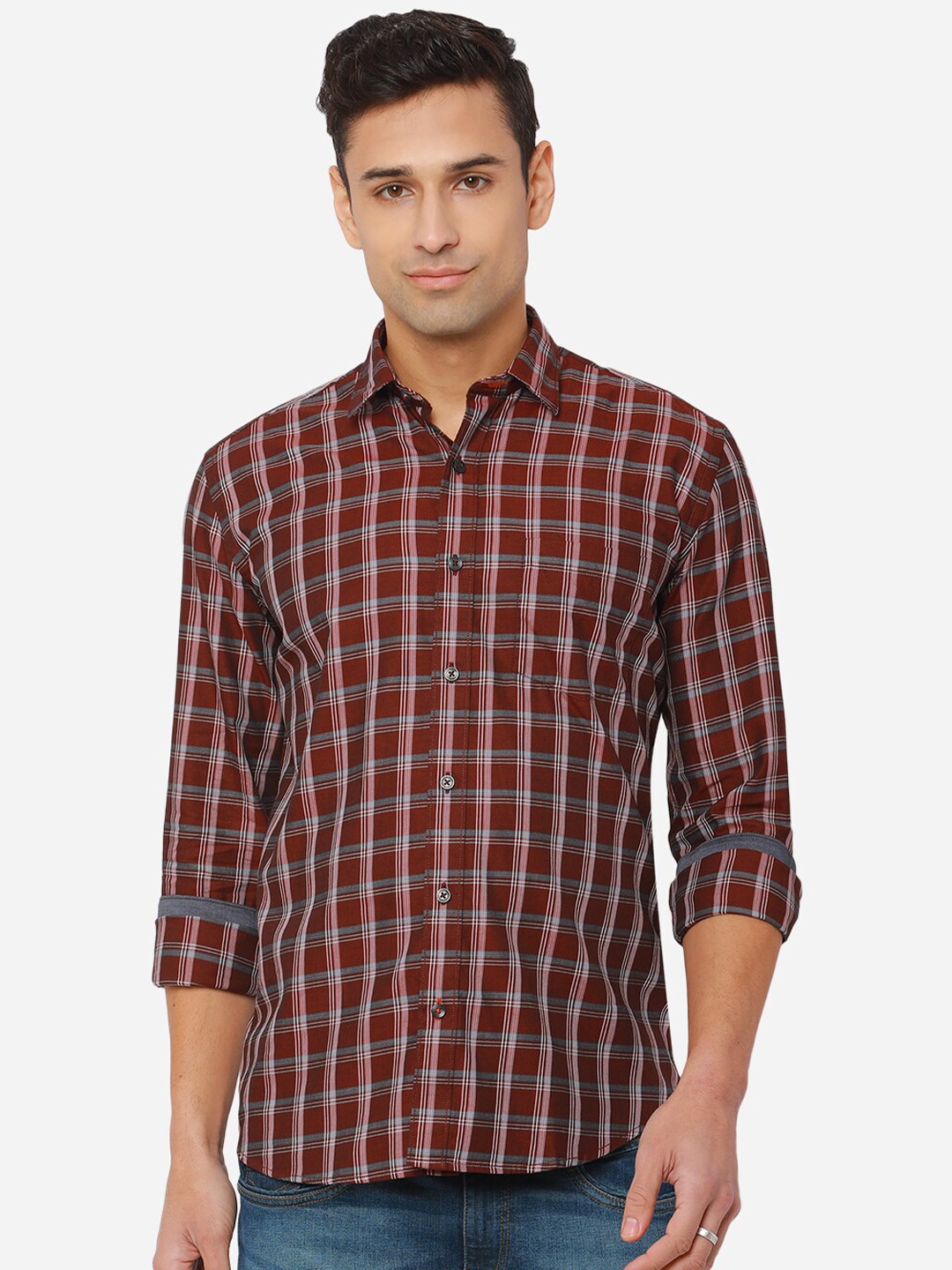 

JADE BLUE Men Maroon Slim Fit Checked Pure Cotton Casual Shirt