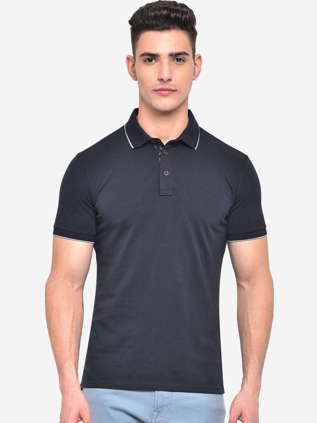 

JADE BLUE Men Polo Collar Applique Slim Fit T-shirt, Navy blue