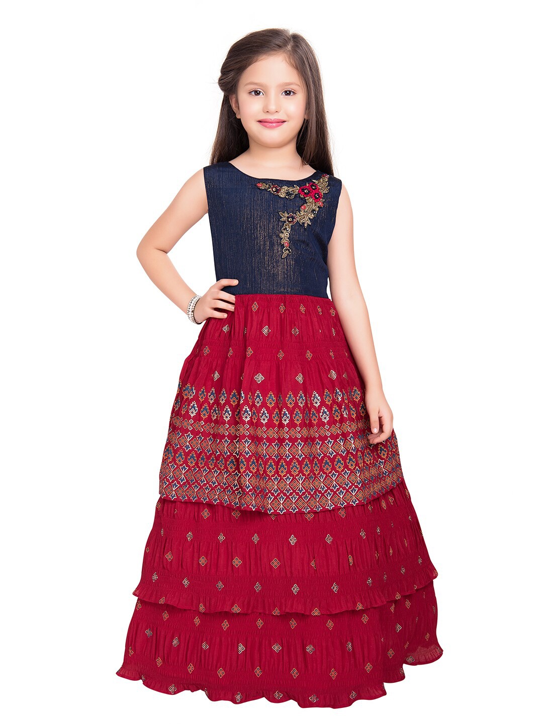

BETTY Red & Blue Floral Georgette Fit & Flare Maxi Dress