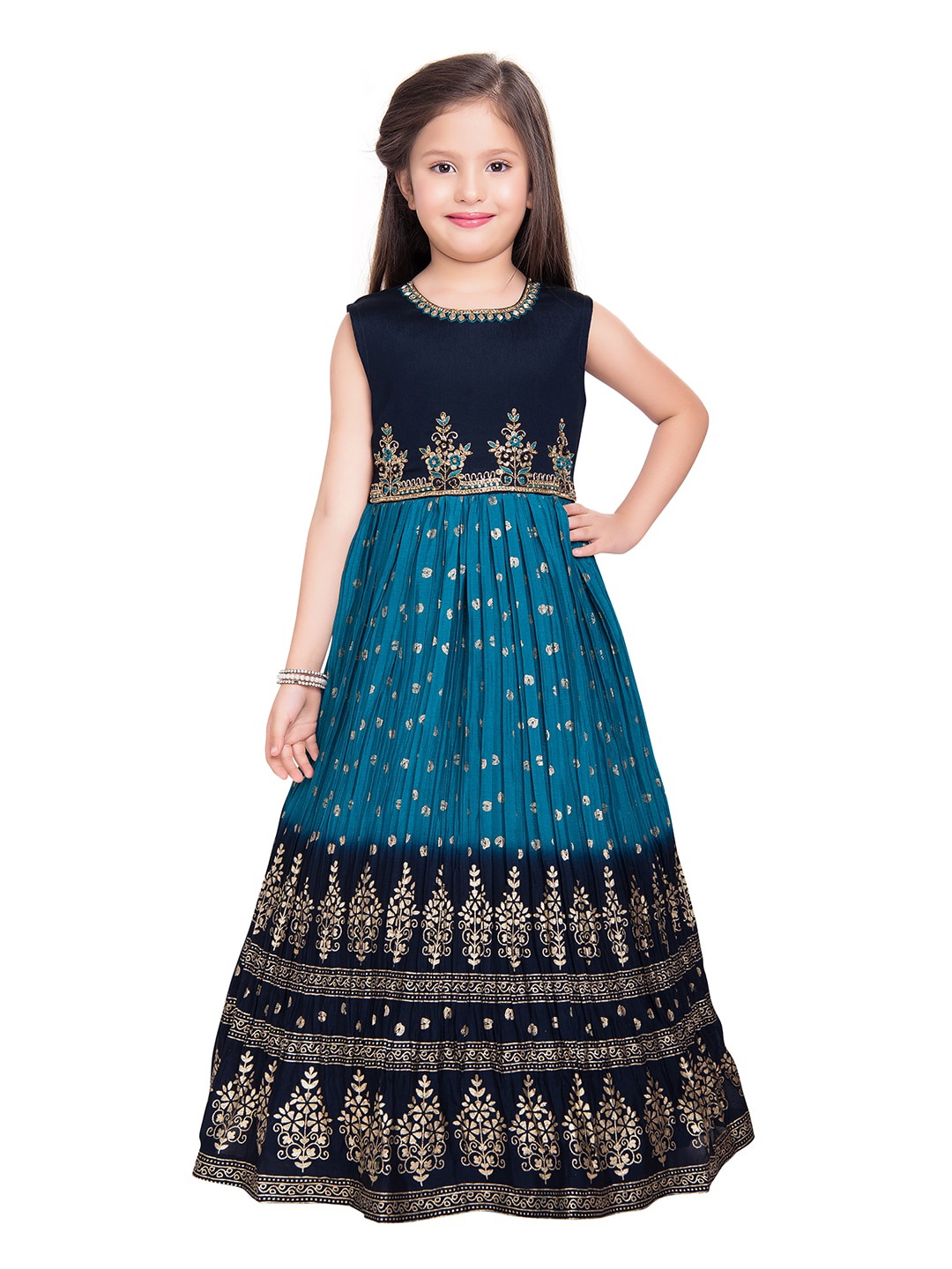 

BETTY Blue Ethnic Motifs Embroidered Georgette Ethnic Maxi Dress