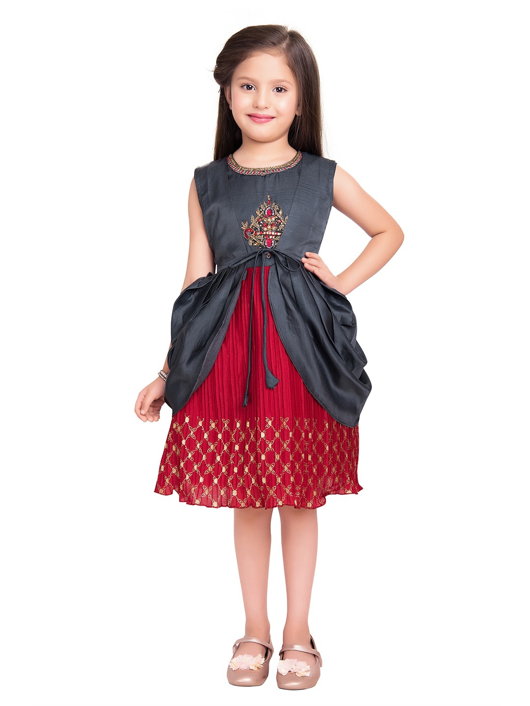 

BETTY Girls Embroidered Layered Fit & Flare Dress & Jacket, Red