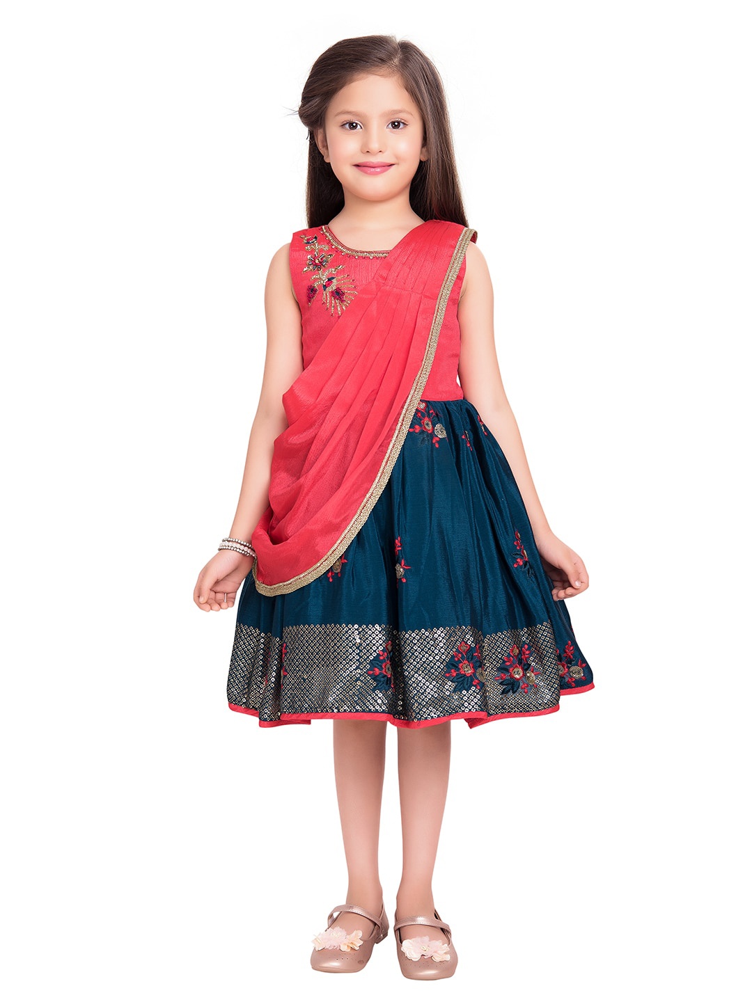 

BETTY Embroidered Georgette Dress with Attached Dupatta and Belt, Red
