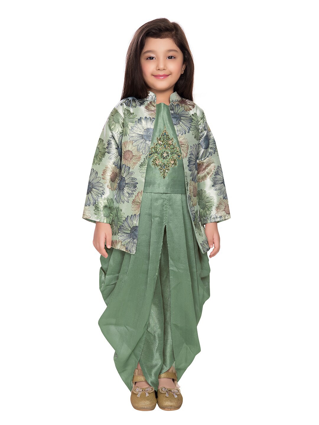 

BETTY Girls Green Solid Kurta Set with Printed Nehru Coat