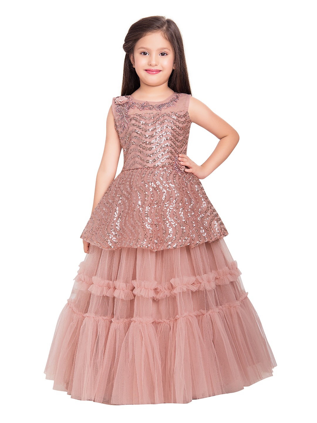 

BETTY Girls Peach-Coloured Embellished Layered Net Maxi Gown