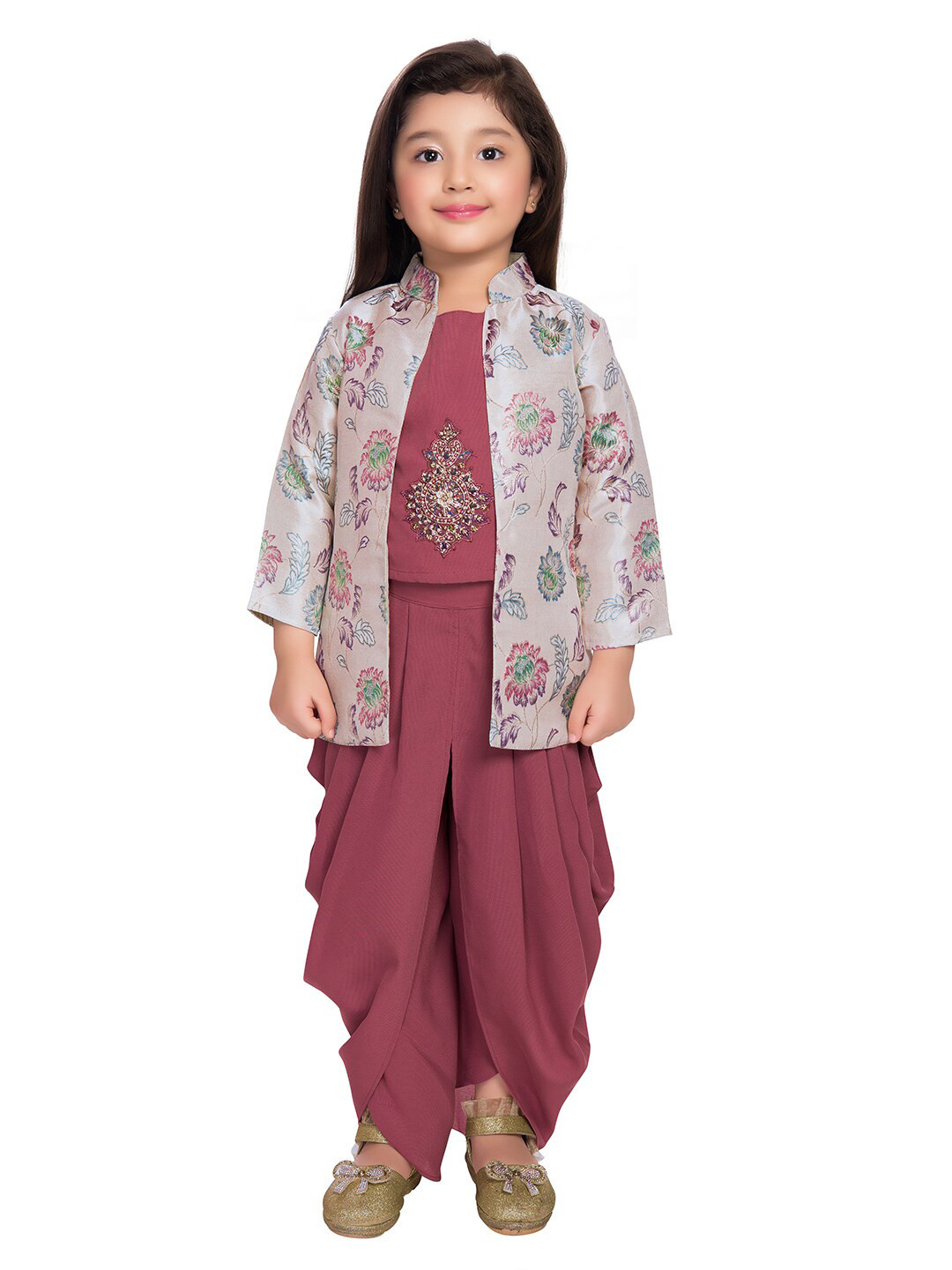 

BETTY Girls Embroidered Beads and Stones Top with Dhoti Pants & Jacket, Mauve