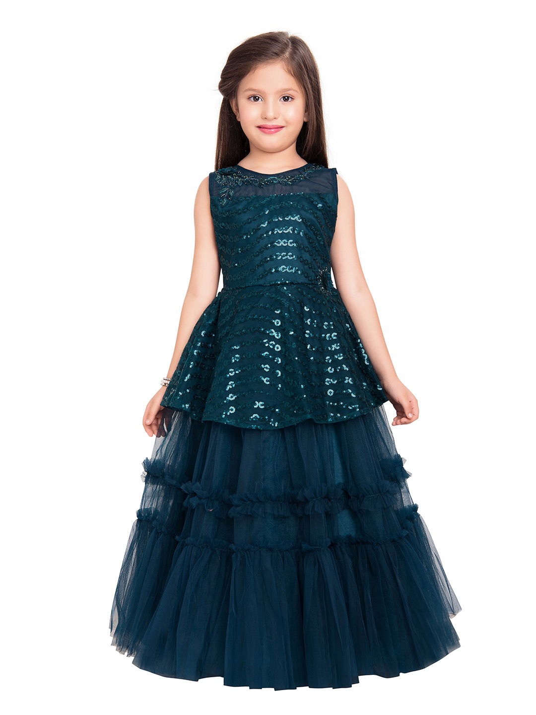

BETTY Blue Embellished Net Fit & Flare Maxi Dress