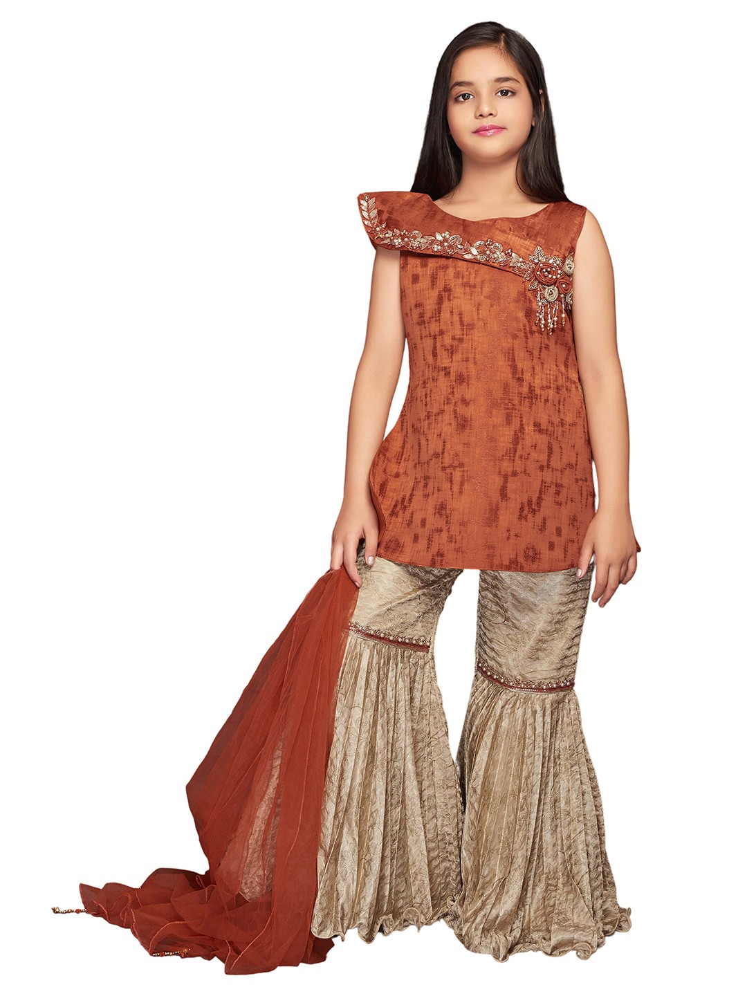 

BETTY Girls Embellished Top with Palazzos & Dupatta, Khaki