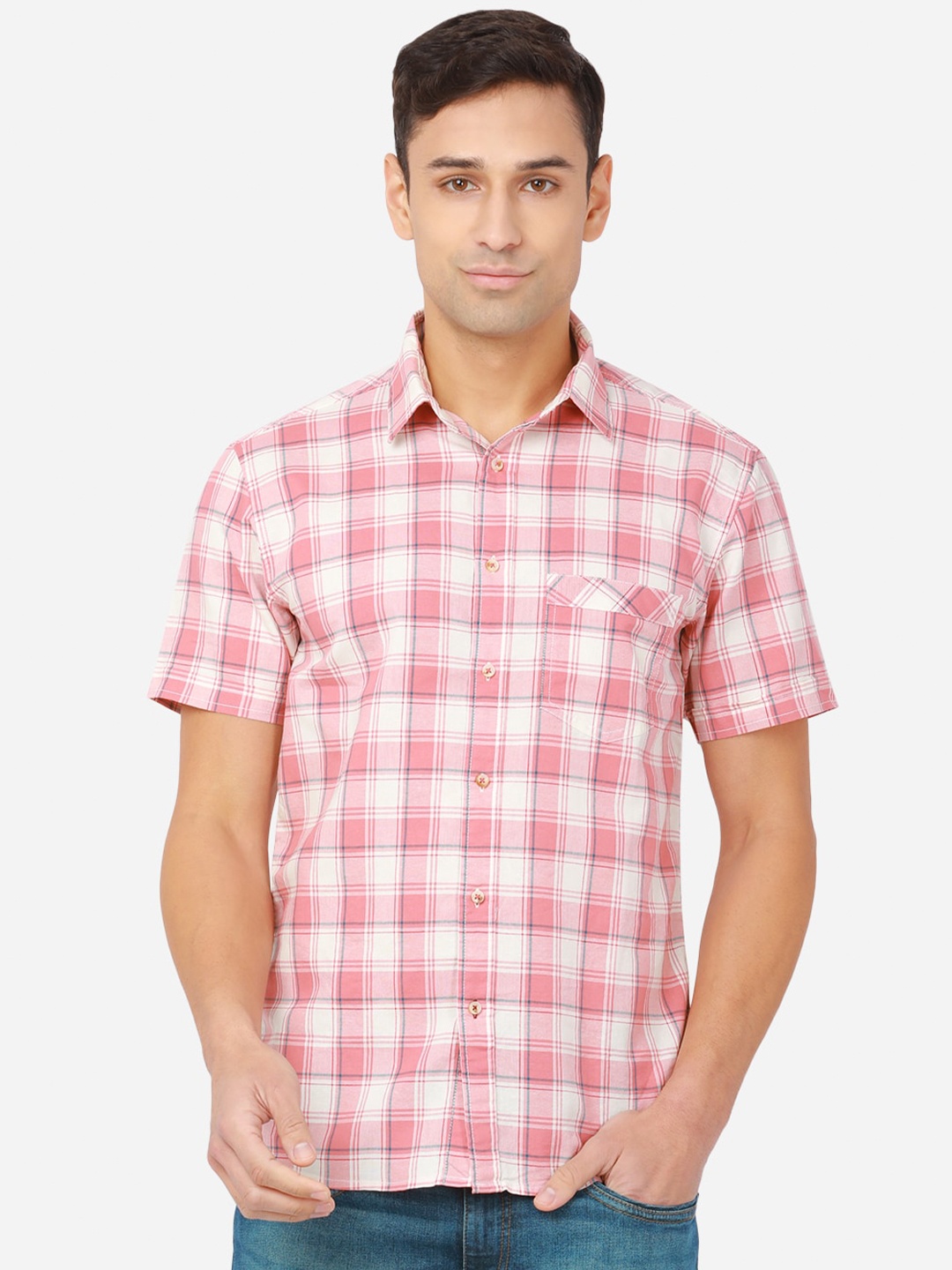 

Greenfibre Men Pink Checked Pure Cotton Slim Fit Casual Shirt