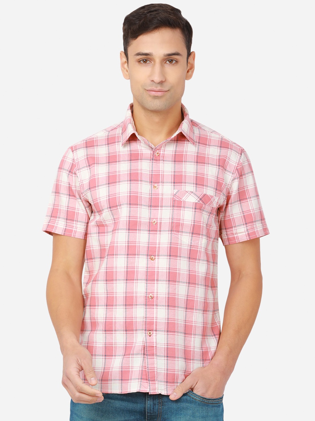 

Greenfibre Men Pink Checked Pure Cotton Plus Size Slim Fit Casual Shirt