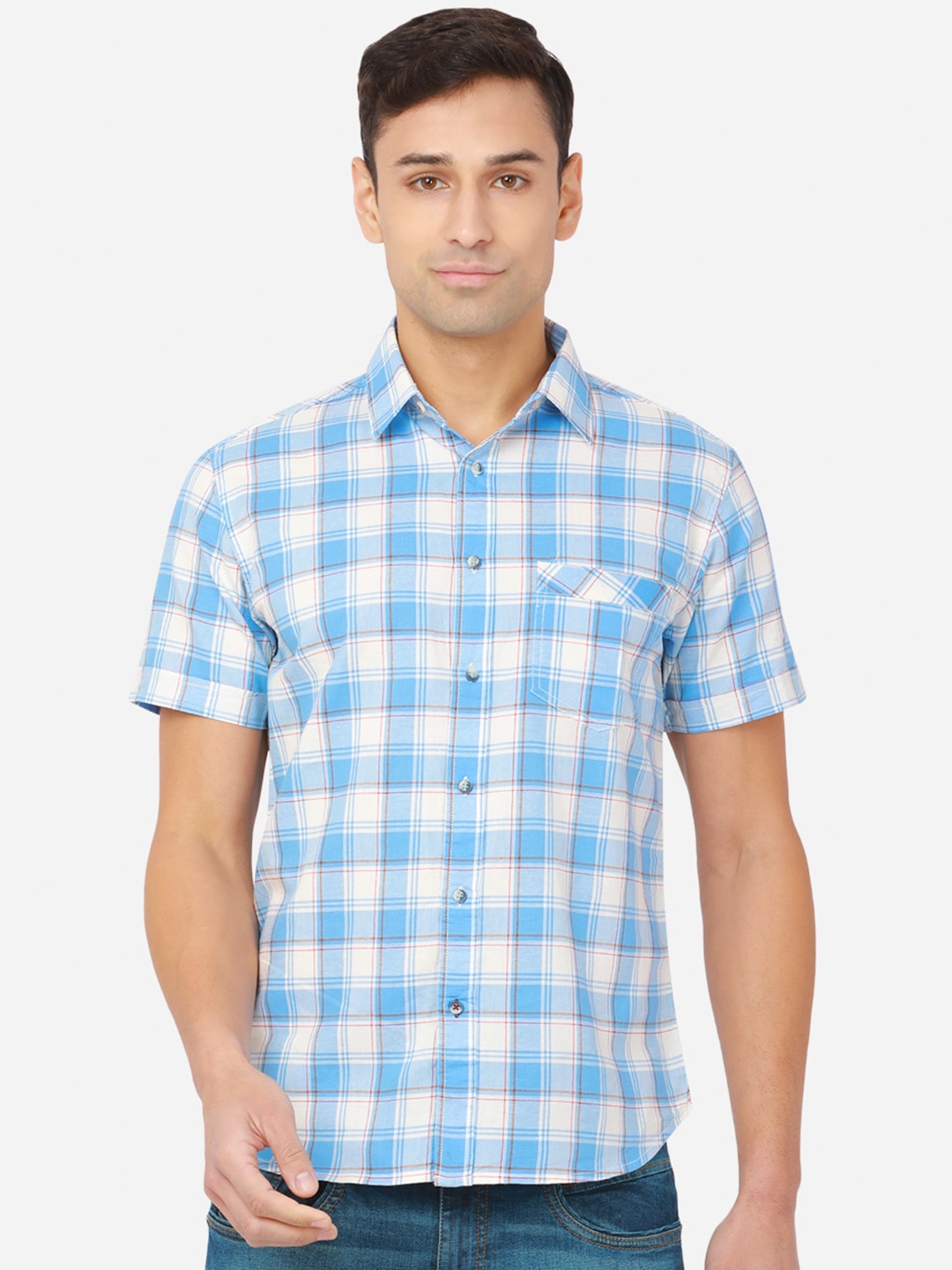 

Greenfibre Men Blue Pure Cotton Gingham Checks Slim Fit Casual Shirt