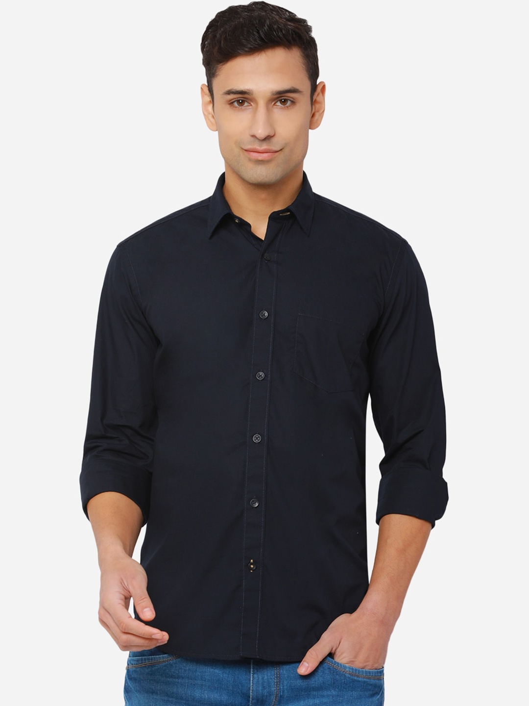 

Greenfibre Men Navy Blue Solid Pure Cotton Slim Fit Casual Shirt