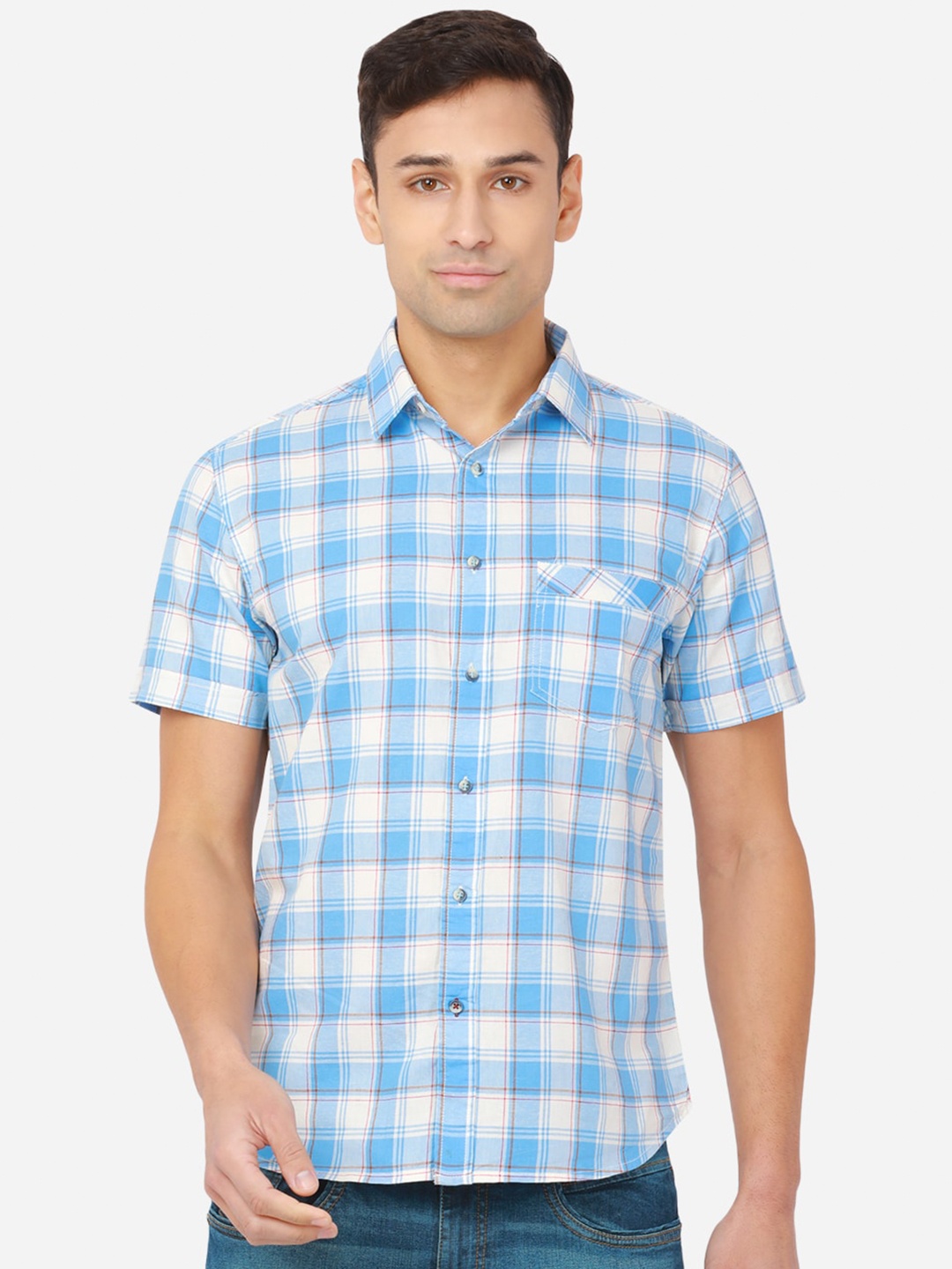

Greenfibre Men Blue Pure Cotton Gingham Checks Slim Fit Casual Shirt