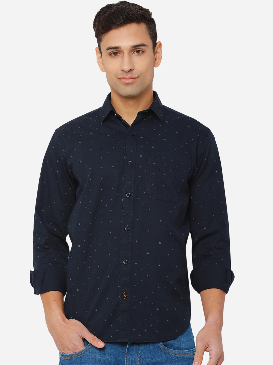 

Greenfibre Men Navy Blue Pure Cotton Slim Fit Printed Casual Shirt