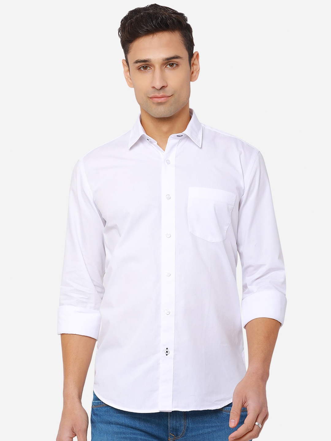 

Greenfibre Men White Solid Pure Cotton Slim Fit Casual Shirt