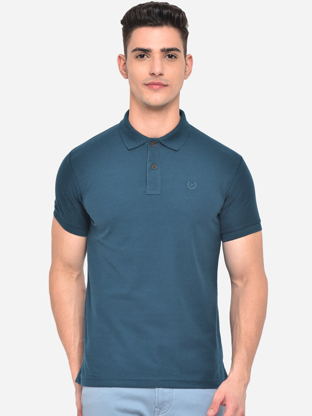 

Greenfibre Men Navy Blue Solid Polo Collar Slim Fit T-shirt, Teal
