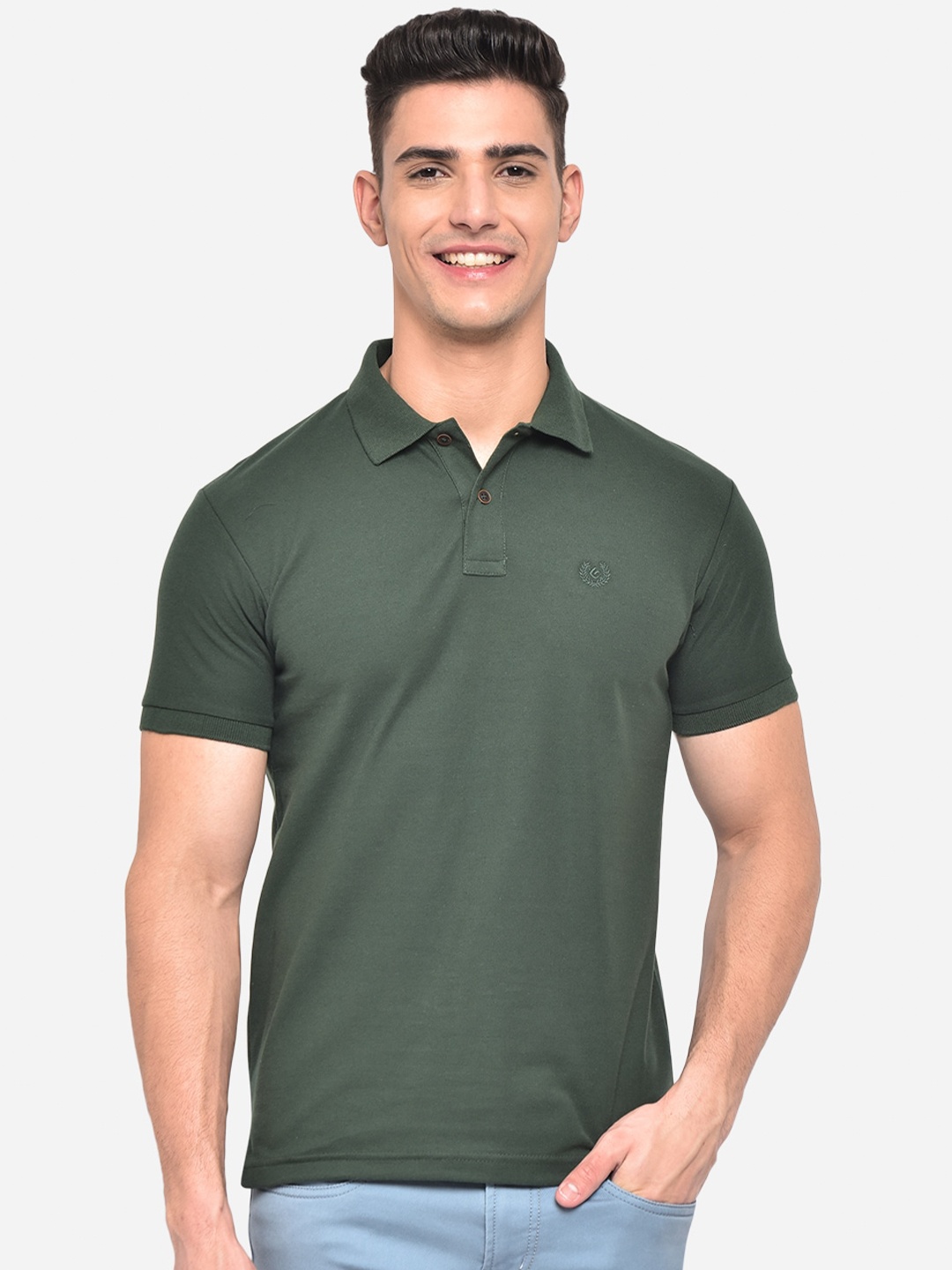 

Greenfibre Men Green Solid Polo Collar Slim Fit T-shirt