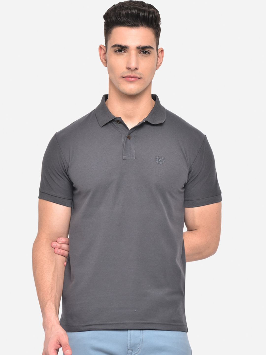 

Greenfibre Men Charcoal Solid Polo Collar Slim Fit T-shirt