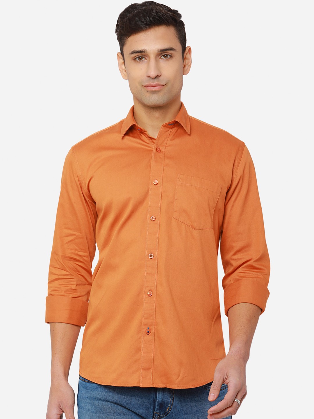 

Greenfibre Men Orange Solid Pure Cotton Slim Fit Casual Shirt