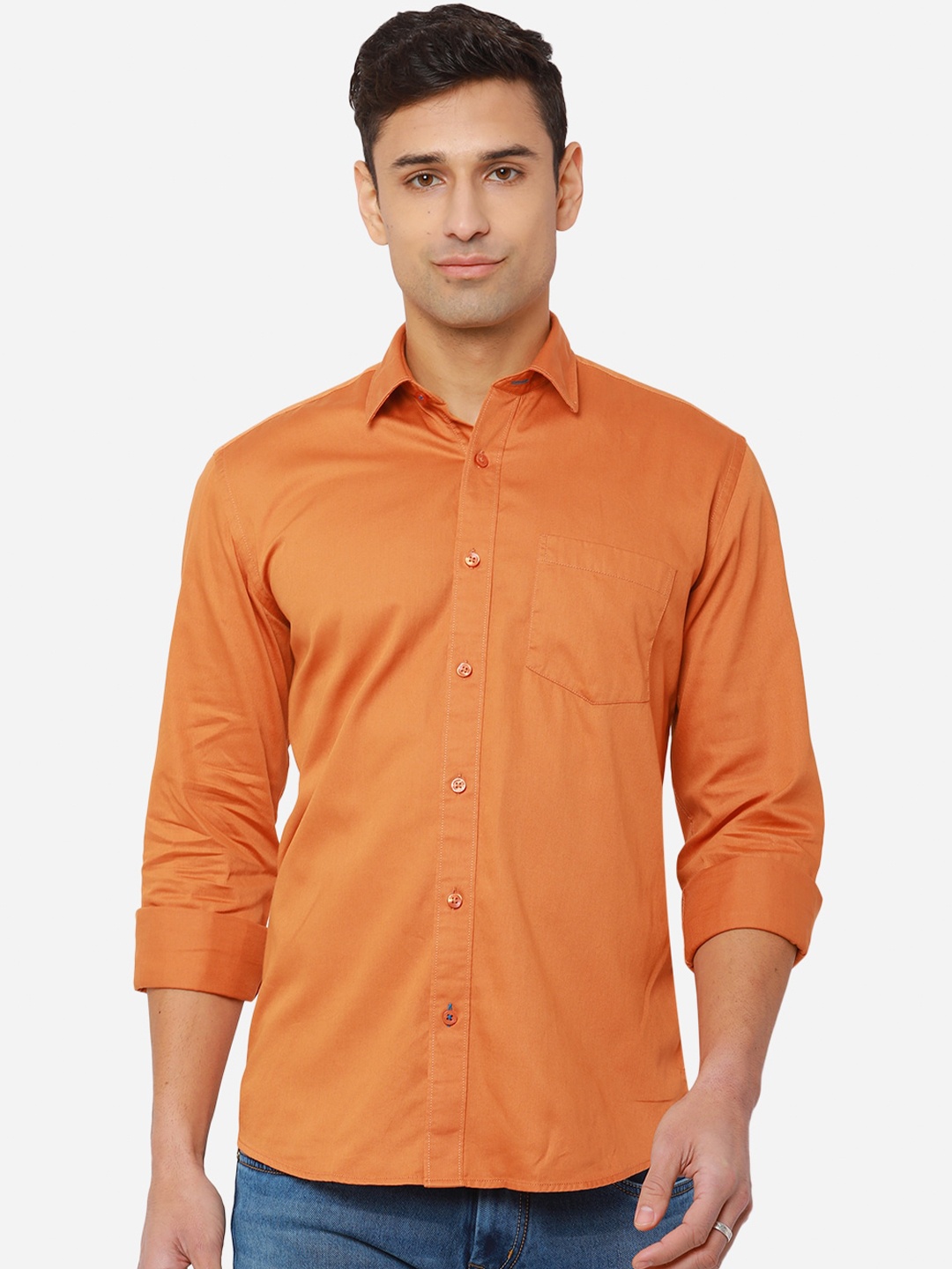 

Greenfibre Men Orange Solid Pure Cotton Slim Fit Casual Shirt