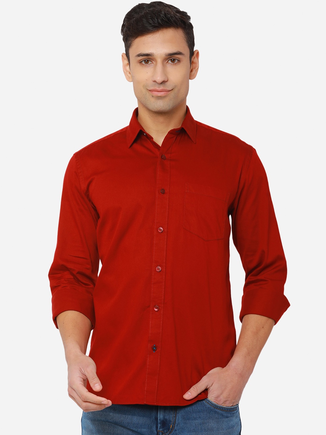 

Greenfibre Men Red Solid Pure Cotton Slim Fit Casual Shirt