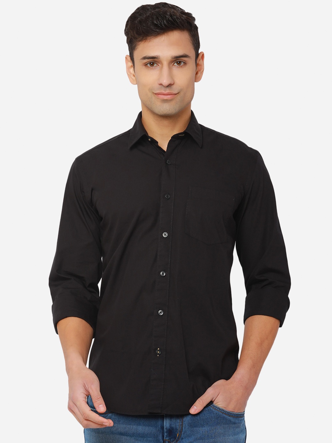 

Greenfibre Men Black Solid Pure Cotton Slim Fit Casual Shirt