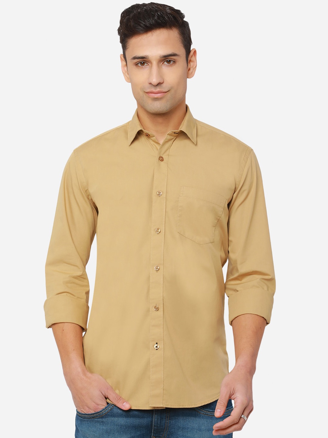 

Greenfibre Men Beige Solid Pure Cotton Slim Fit Casual Shirt