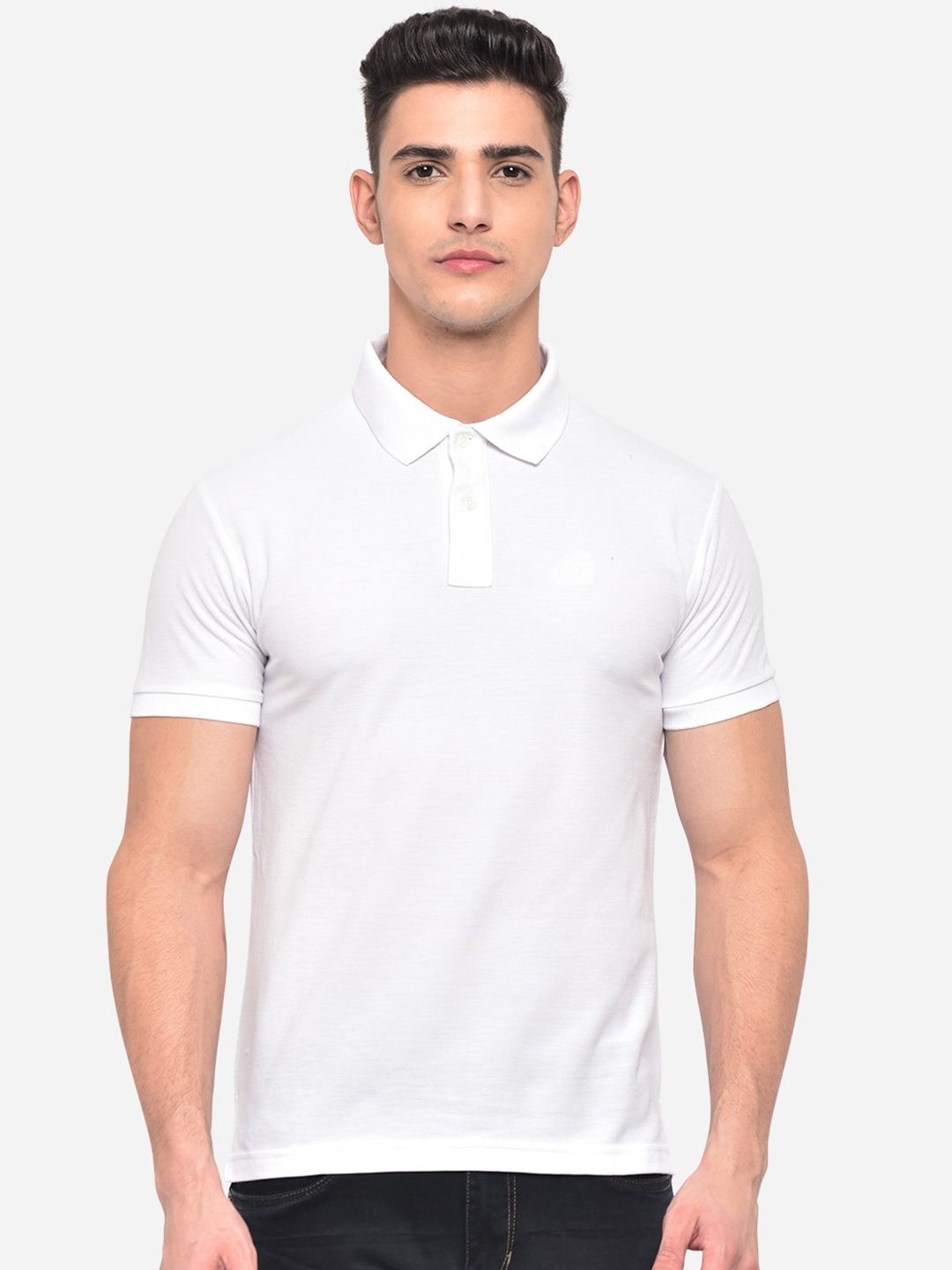 

Greenfibre Men White Solid Polo Collar Slim Fit T-shirt
